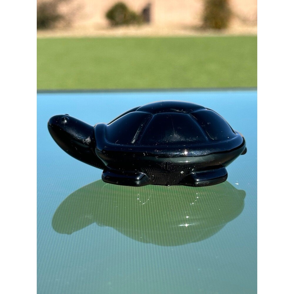 Vintage 1980s ONEIDA Turtle Figurine Paperweight Crystal Glass Black Amethyst 4"